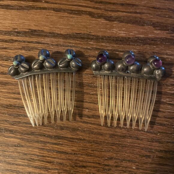 Pair of vintage Silver Hair Combs With Stones Set of 2 Purple Green main image 5